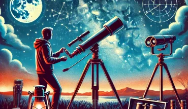 DALL·E-2024-07-13-22.24.15-An-ultimate-guide-to-stargazing-illustration.-A-person-is-setting-up-a-telescope-in-a-clear-night-sky-setting-surrounded-by-essential-stargazing-gear