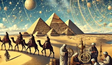 DALL·E-2024-07-13-22.58.40-An-illustration-depicting-the-history-of-astronomy-in-the-Sahara-Desert.-Ancient-nomads-are-navigating-by-the-stars-under-a-clear-star-filled-night-s